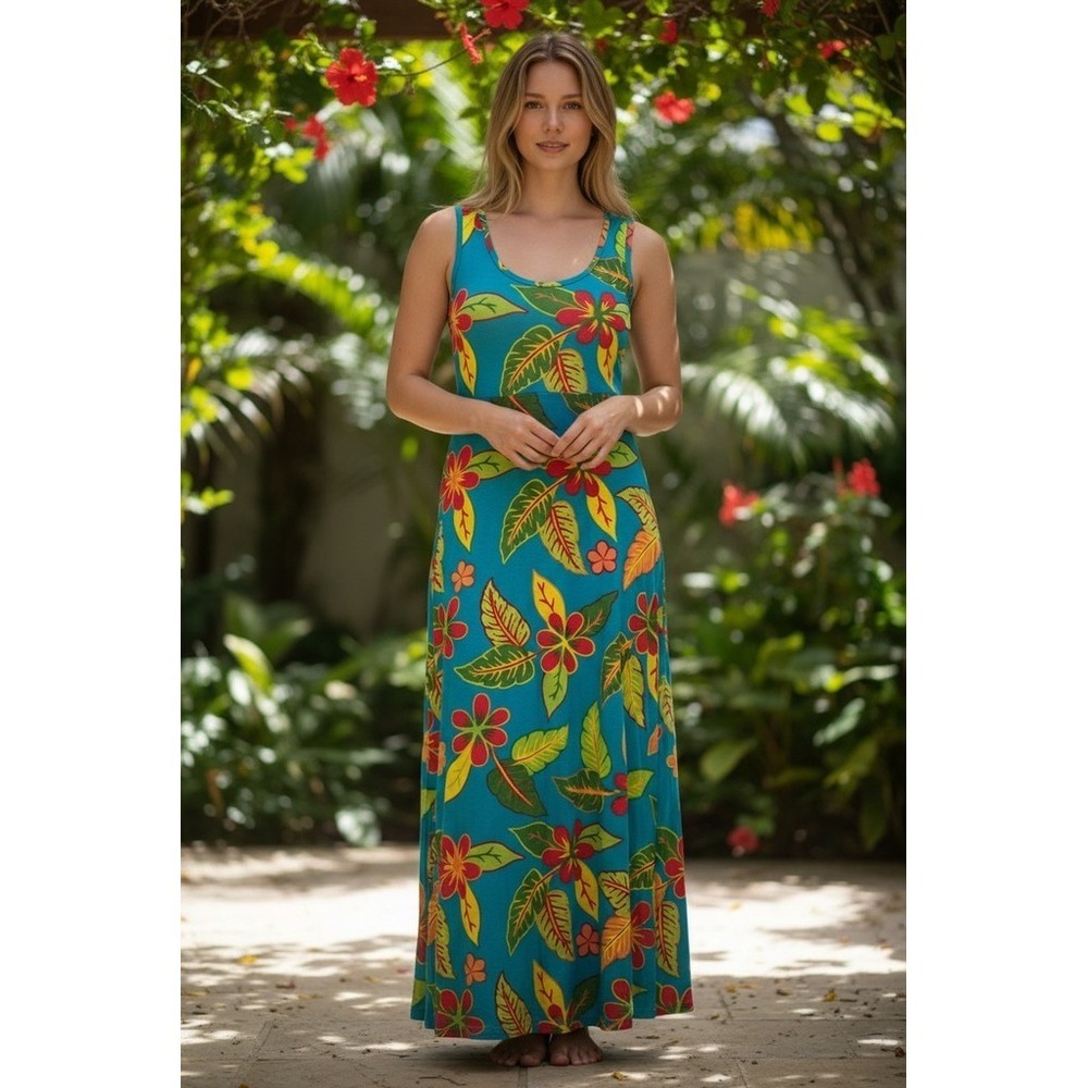 Desert Shores Maxi Dress Womens Size S Blue Tropical Floral Leaf resort vacation